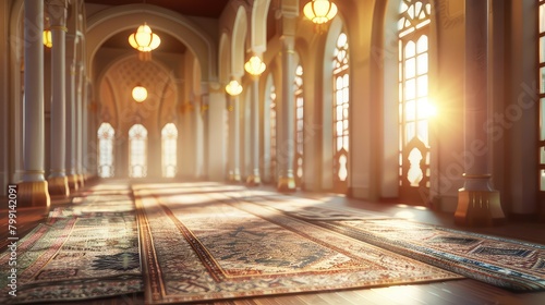 A serene mosque interior with soft lighting and a row of prayer rugs, suitable for worship backgrounds. 