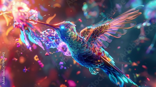 Capture a flock of mechanical hummingbirds amid a swirling vortex of rainbow colors, rendered in hyper-realistic 3D CG, showcasing intricate metallic feathers and glowing neon eyes 
