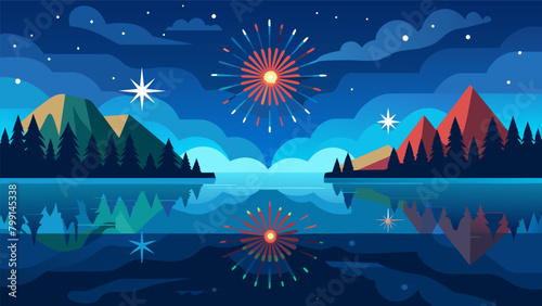 The peacefulness of a lake magnified by the brilliant fireworks reflecting on its shimmering surface symbolizing the freedom and unity of a nation.. Vector illustration