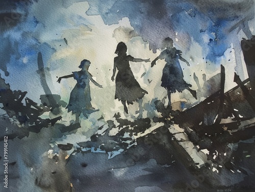 Paint a haunting watercolor scene of a dystopian wasteland, featuring eerie silhouettes of dancers gracefully moving amidst ruins, illuminated by a dying sun setting 