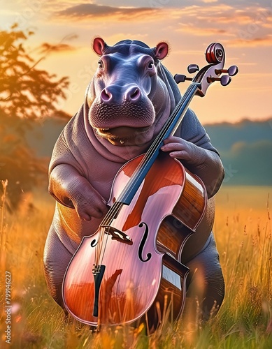 hippopotame jouant de la contrebasse en ia dans la savane