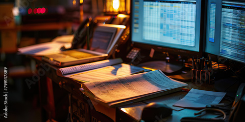 Close-up of a stage manager's desk with production schedules and cue sheets, showcasing a job in theater production