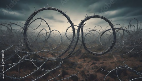 Barbed wire fence under a stormy sky with dark, ominous clouds looming over a desolate landscape, conveying a sense of confinement and tension, Generative AI.