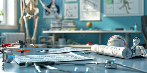 Close-up of a sports therapist's desk with rehabilitation equipment and athlete treatment plans, symbolizing a job in sports therapy.