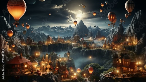 Fantasy City in the Valley with Hot Air Balloons