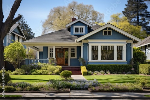 Blue Craftsman-Style Bungalow with White Trim and a Front Porch