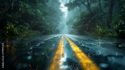 The rain is falling on the road in the forest