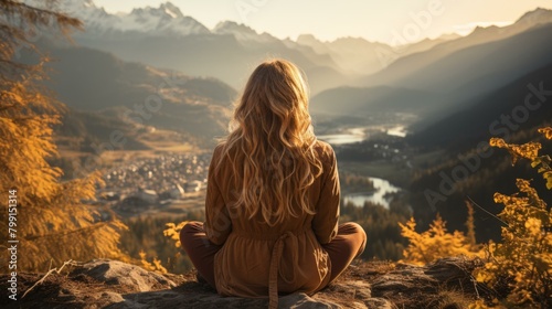 woman meditating in the mountains