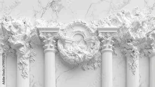White marble wall with carved columns and floral elements