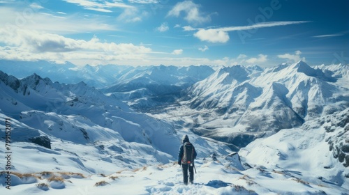 A lone hiker stands on a snowy mountaintop and gazes at theå£®ä¸½çš„é›ªå±±é£Žå…‰