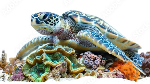A green sea turtle sits on a colorful coral reef