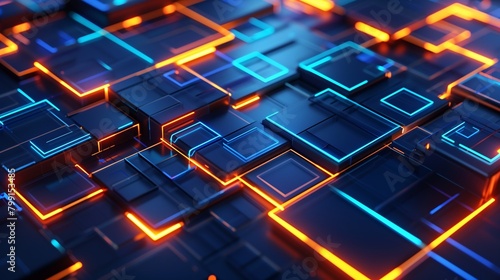 An abstract technology background with neon blue and orange square shapes on a dark blue background.