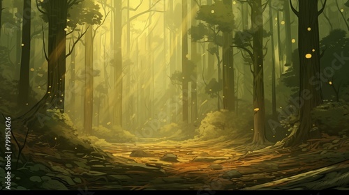 Mystical forest path with golden light, floating spores 2D cartoon illustration. Enchanted woods flat image colorful scenery horizontal. Dreamy landscape wallpaper background anime art