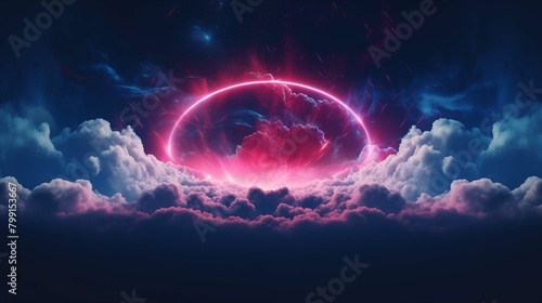 Radiant energy ring erupting from clouds illustration. Ethereal cosmic event. Futuristic fantasy wallpaper scene artwork. Surrealistic cloudscape background image digital art concept