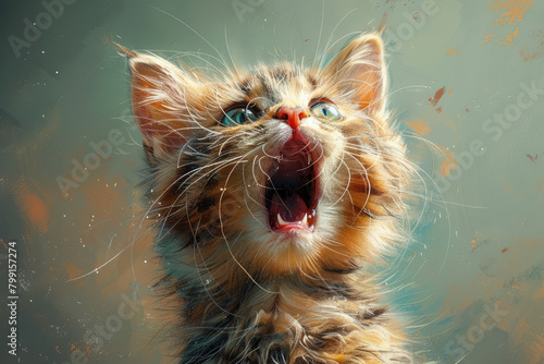 A cute kitten is barking and roaring, very excited. Created with Ai