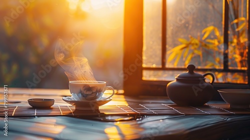 The soft glow of sunrise illuminating a morning tea ritual