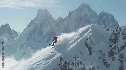 A freestyle snowboarder performing tricks in a snowpark against a backdrop of towering peaks. Epic shot. 
