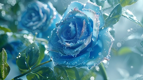A real rose with many green leaves on its branches, many crystal clear broken ice blue roses blue crystal dew on the roses