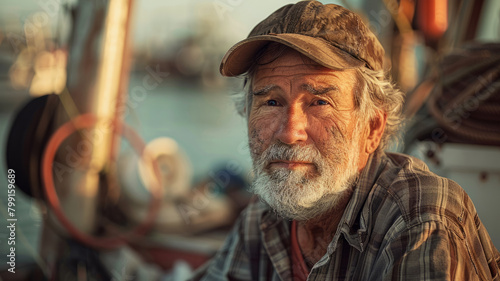 An elderly fisherman on a boat at sunset.