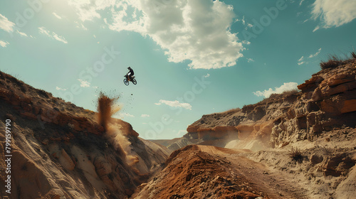 A motocross rider catching air over a series of dirt jumps on a rugged track. Epic shot.