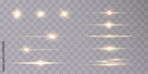 Set of horizontal golden light effects on a transparent background. Collection of luxury beams. Optical glare. Vector