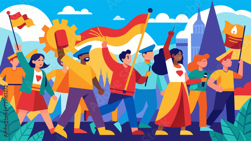 Liberation Parade A vibrant and colorful march through the streets showcasing the collective victory against tyranny and the triumph of freedom.. Vector illustration