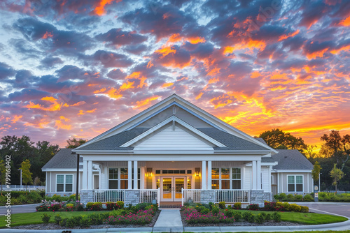 Luxurious new clubhouse with a white porch and gable roof under the dramatic colors of a sunset, in ultra HD.