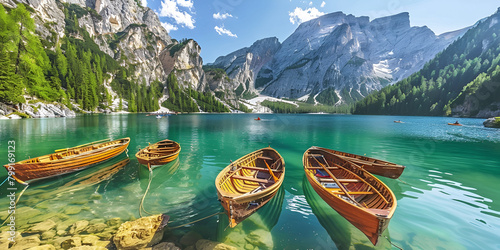 Boats grace Braies Lake amidst Dolomites mountains view with high mountains from the wooden rowing boat