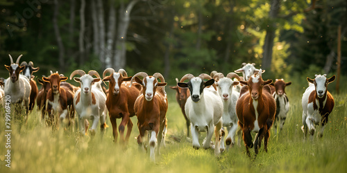 close up a group of boer goats with horns walking through the farm or grass field background