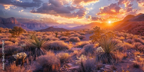 Desert landscape ablaze with sunset colors