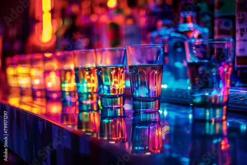 Shot glasses lined up on the bar counter, backlit by neon lights.