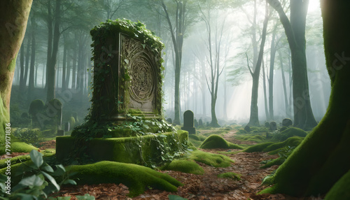 an ancient tombstone overgrown with ivy and moss in a serene forest setting