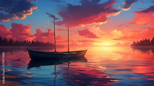 As daylight fades, the sky is set ablaze with the fiery hues of sunset, casting a tranquil glow over the solitary boat anchored by the gentle waves