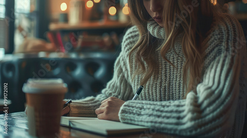 Young woman in warm sweater is working remotely at a cafe and making list in her notebook.