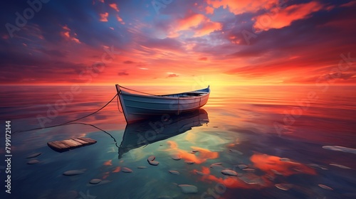 As day transitions into night, the sky is ablaze with the colors of sunset, casting a peaceful aura over the solitary boat by the ocean's edge