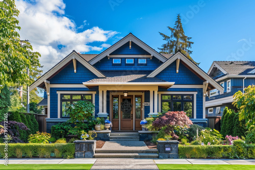 The front facade of a striking cobalt blue cottage craftsman style house, with a triple pitched roof, manicured landscaping, a welcoming sidewalk, and exceptional curb appeal.