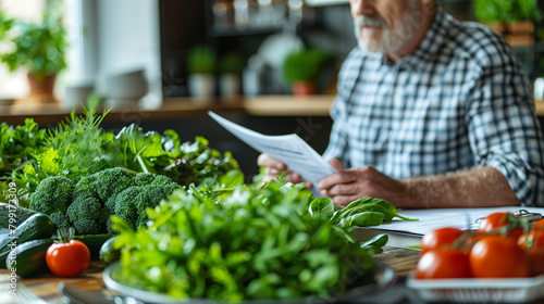 Man reading a recipe or diet made by his nutritionist and preparing a healthy salad or meal. Concept of food care in the elderly and nutrition.