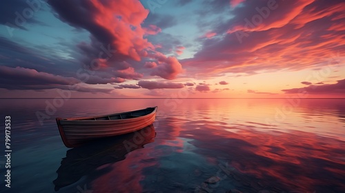 As the day comes to a close, the sky is set ablaze with the colors of dusk, casting a warm glow over the lone boat anchored along the tranquil coastline