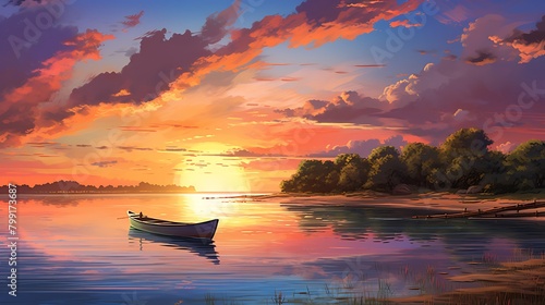 As the day comes to a close, the sky is set ablaze with the colors of dusk, casting a warm glow over the lone boat anchored along the tranquil coastline