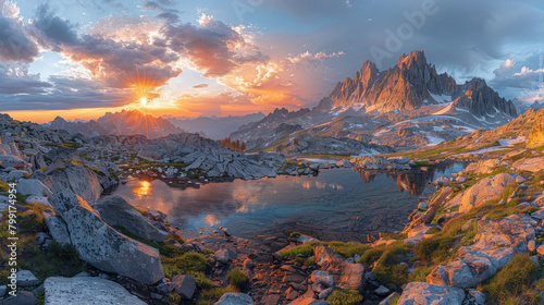 A breathtaking mountain landscape at sunrise, with the golden light of the sun casting on snowcapped peaks and reflecting in a crystal clear stream flowing through lush green meadows. Created with Ai