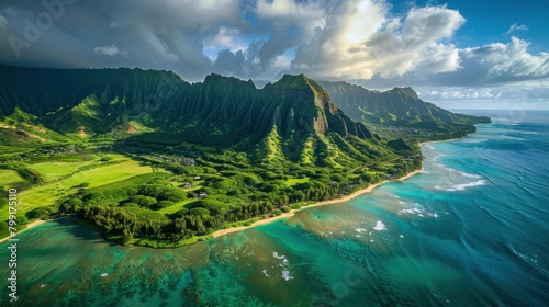 Aerial View of Kualoa area of Oahu Hawaii