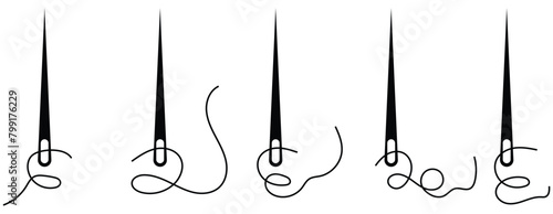 Set of needle with thread vector icons. Black silhouette with sewing needle. Vector illustration . Eps 10