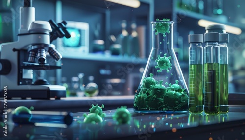 A laboratory scene with a microscope and vials containing green virus models, showcasing scientific research and medical examination.