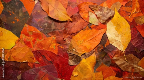 An abstract painting showing a collage of fall leaves carefully p and layered in an asymmetric composition..
