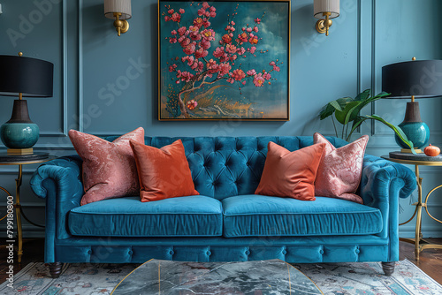 Photographer Chen Man's fashionable photography style features a dark blue velvet fabric sofa with buttons on the front armrests and coral pink cushions. Created with Ai
