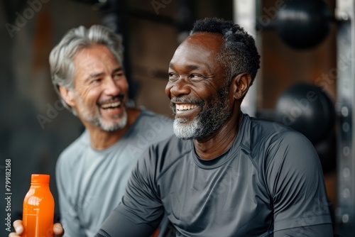 Mature sporty diverse guys laughing together after training in the gym. Cheerful middle aged caucasian man holding protein shake bottle and talking with his African friend in health, Generative AI