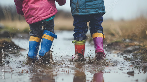 Joyful Child Jumping in Colorful Rain Boots on Muddy Ground: Playful Autumn Scene with Vibrant Colors and Rainy Weather