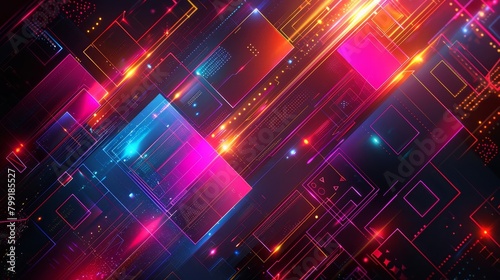 Stunning visual of glowing neon squares and rectangles in motion against a black background.