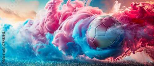 A soccer ball is in the air, surrounded by a cloud of smoke