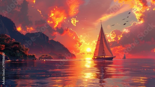 Sarah and Alex cherish Caribbean moments, their sailboat gliding past islands aglow with the hues of a tropical sunset. 